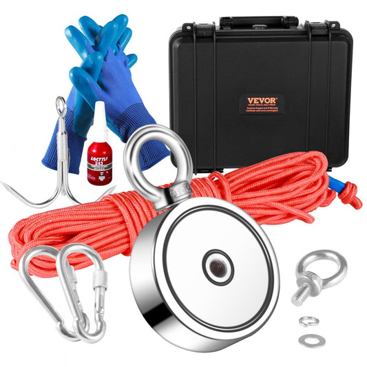 VEVOR Magnet Fishing Kit, 1200lbs 2.95inch Diameter Double Sided Fishing Magnets, Strong Neodymium Magnet with Heavy Duty 65FT Rope, Grappling Hook, Waterproof Case, Gloves, Threadlocker, Eye Bolt