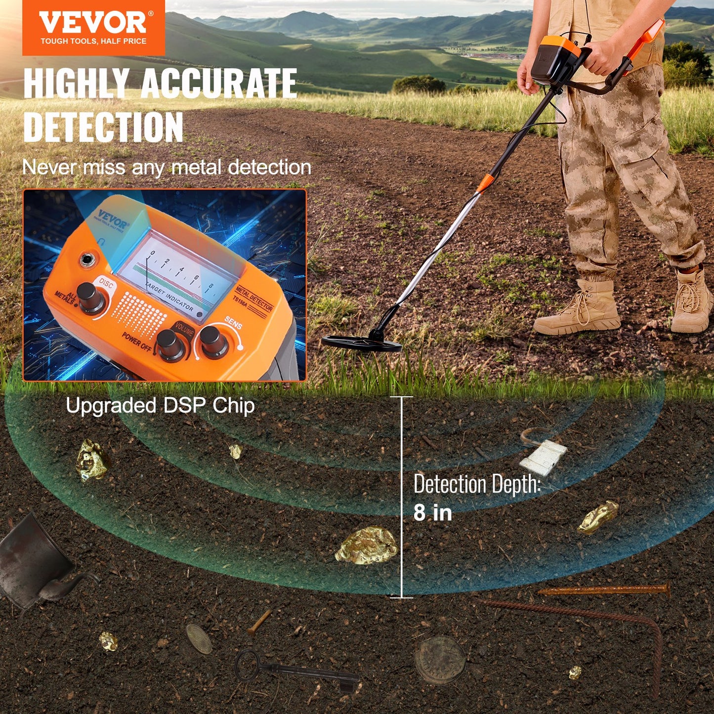 Metal Detector for Adults & Kids, 8 Inch Waterproof Search Coil with High Accuracy Pointer Display