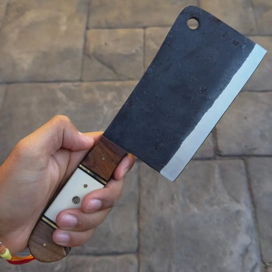 10" Chef Cleaver Knife with Bone & Wood Handle, Carbon Steel Meat Cleaver Knife