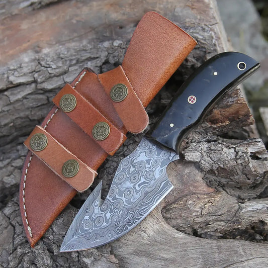 10” Custom Hand Forged Damascus Steel Full Tang Skinner Knife with Gut Hook - Ram Horn Handle