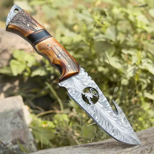 11” Custom Hand Forged Damascus Steel Full Tang Skinner Knife with Gut Hook - Stag Handle
