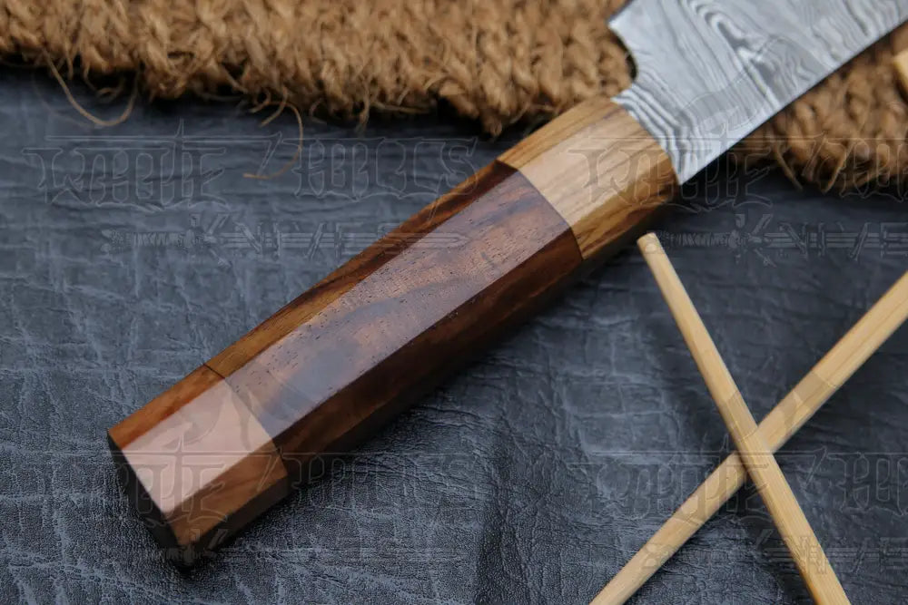 11" Handmade Santoku Damascus Chef Knife Olive Wood & Dark wood Handle with Leather Sheath