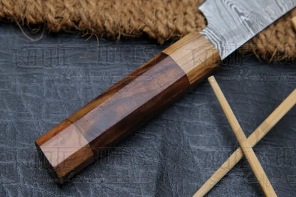 11" Handmade Santoku Damascus Chef Knife Olive Wood & Dark wood Handle with Leather Sheath