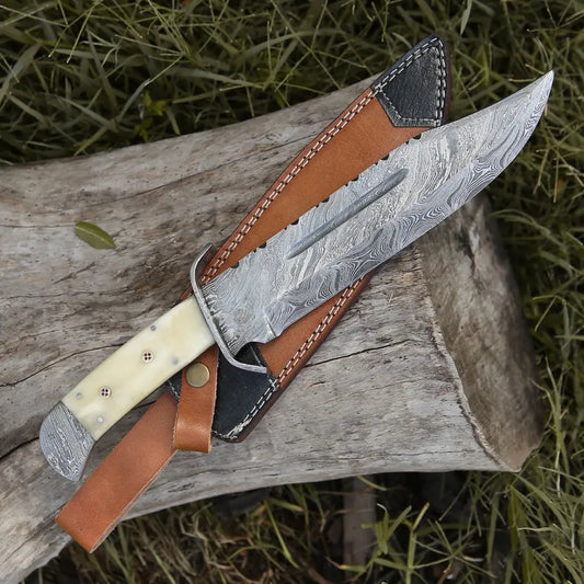 15" Handmade Damascus Steel Bowie Hunting Knife- Full Tang - Camel Bone Handle
