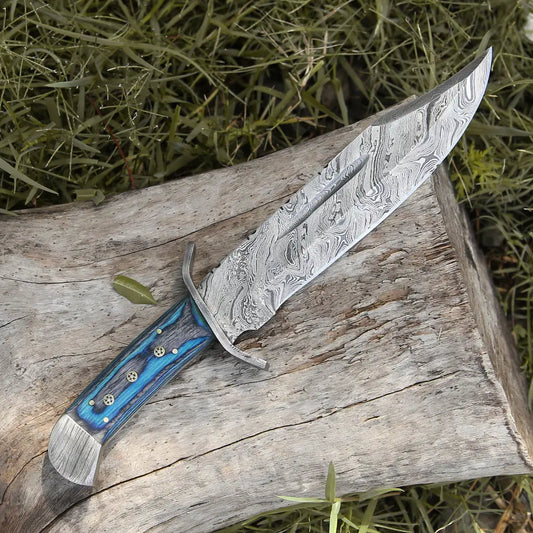15" Handmade Damascus Steel Bowie Hunting Knife- Full Tang - Colored Wood Handle