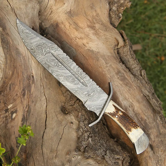 15" Handmade Damascus Steel Bowie Hunting Knife- Full Tang - Stag Antler Handle