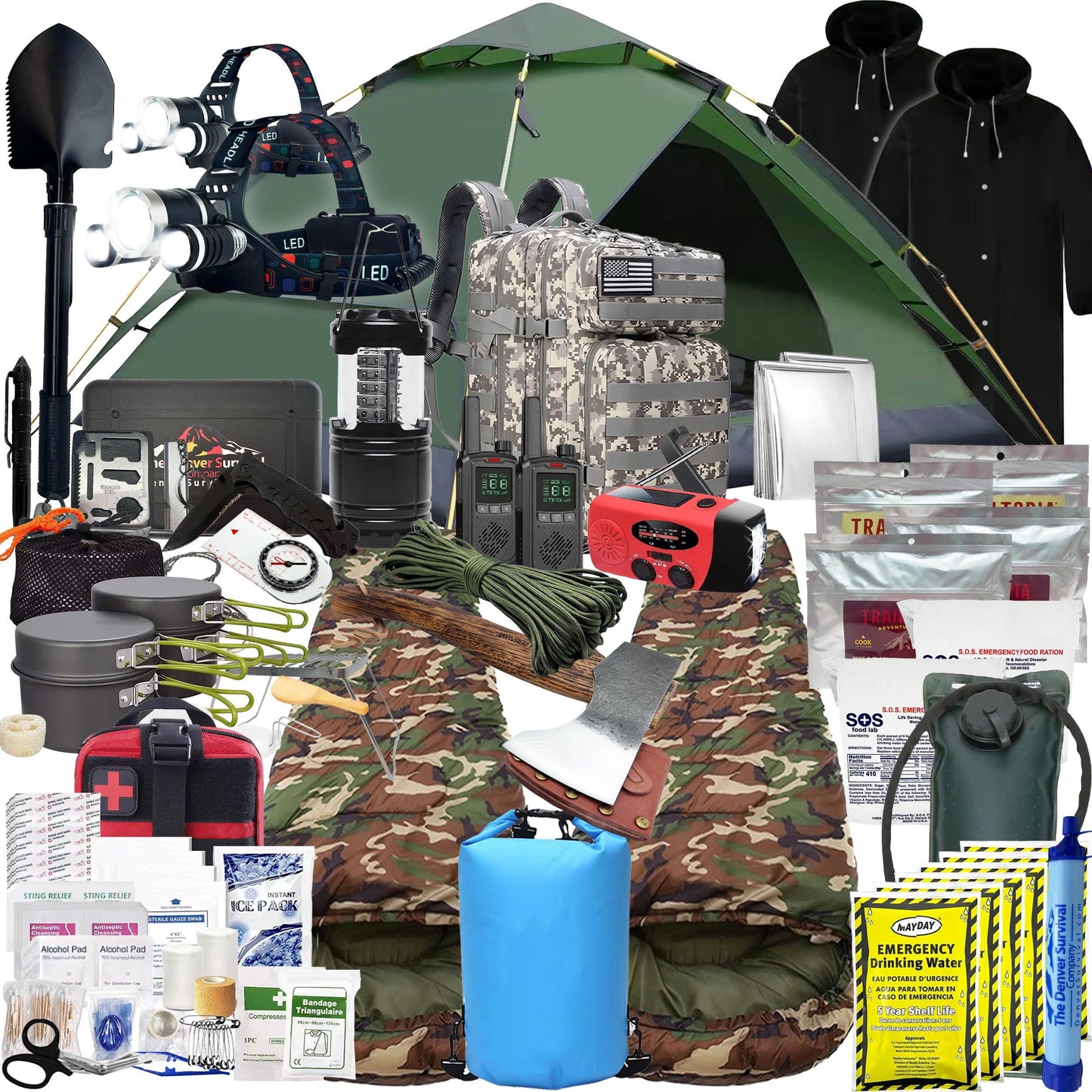 2 Person 5 Day Survival Bags with Survival Kit Tools and Camping Equipment