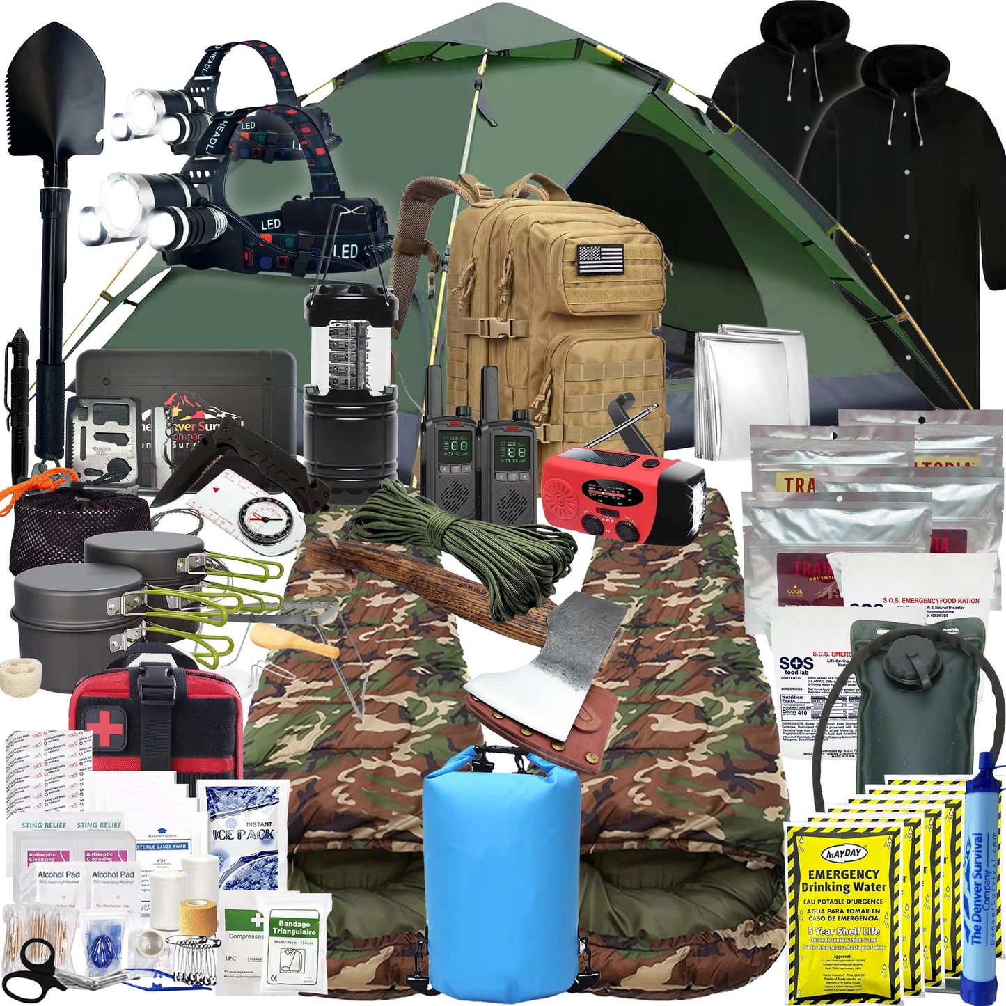 2 Person 5 Day Survival Bags with Survival Kit Tools and Camping Equipment