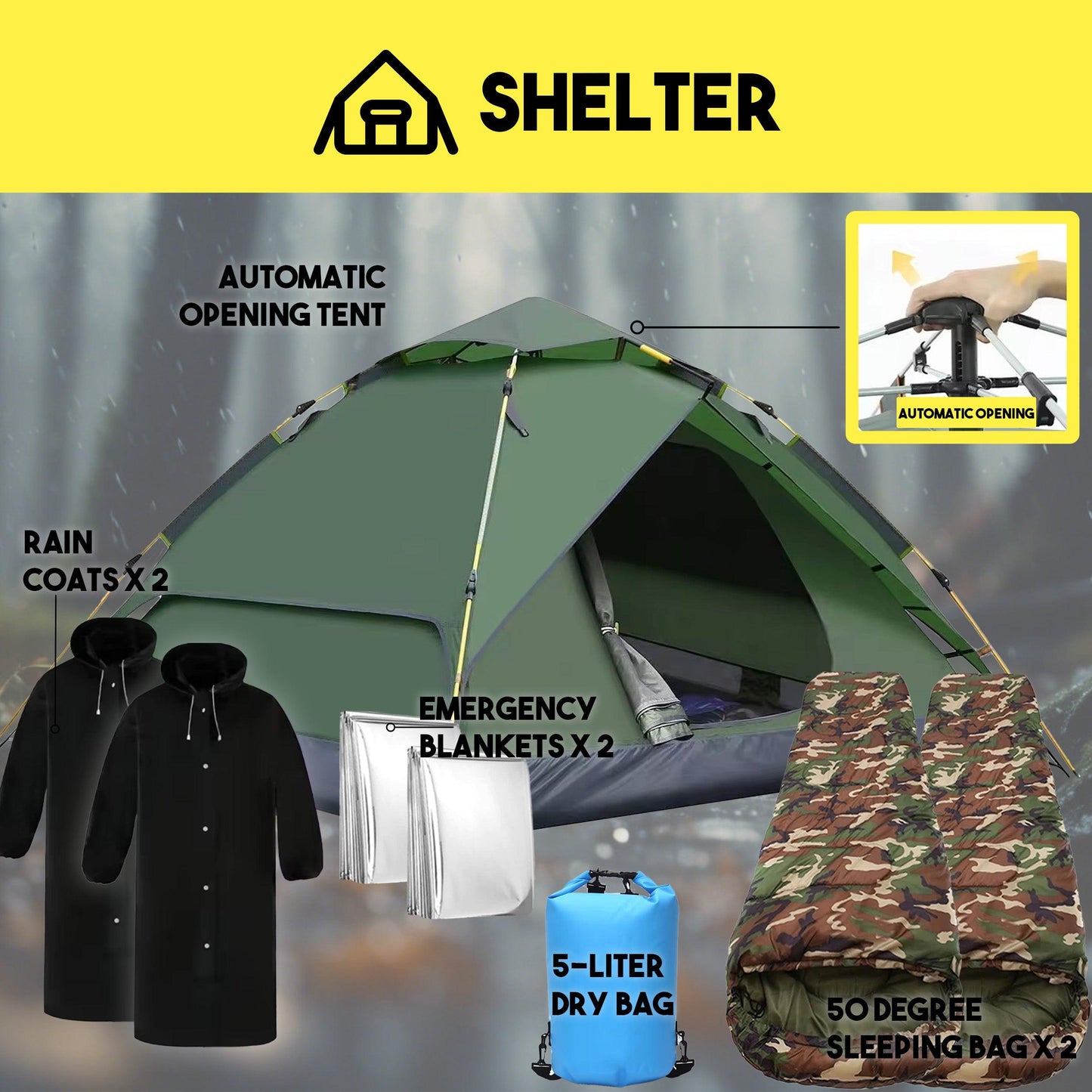 2 Person 5 Day Survival Bags with Survival Kit Tools and Camping Equipment