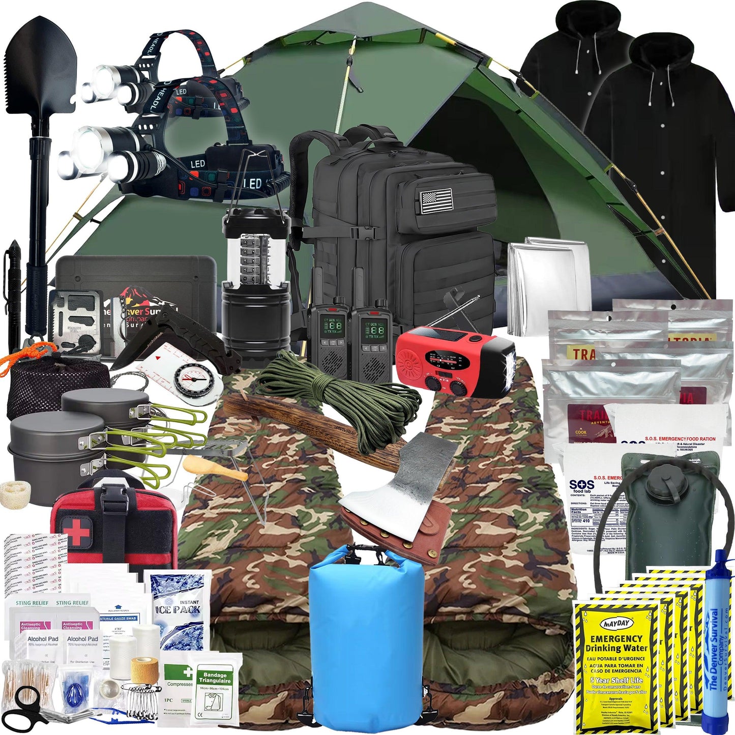 2 Person 5 Day Survival Bags with Survival Kit Tools and Camping Equipment