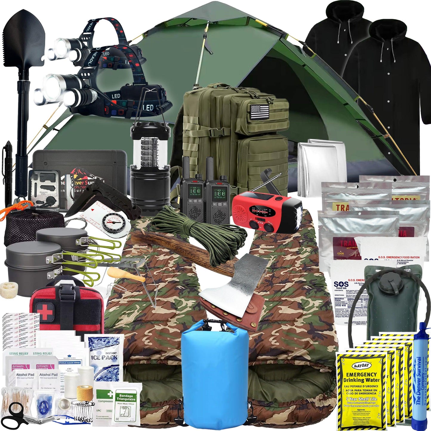 2 Person 5 Day Survival Bags with Survival Kit Tools and Camping Equipment