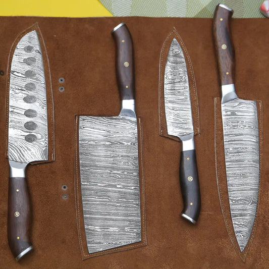 4 Piece Handmade Chef Knife Set, 4 Piece Damascus Steel Knife Set, Kitchen Knife Set with Leather Cover