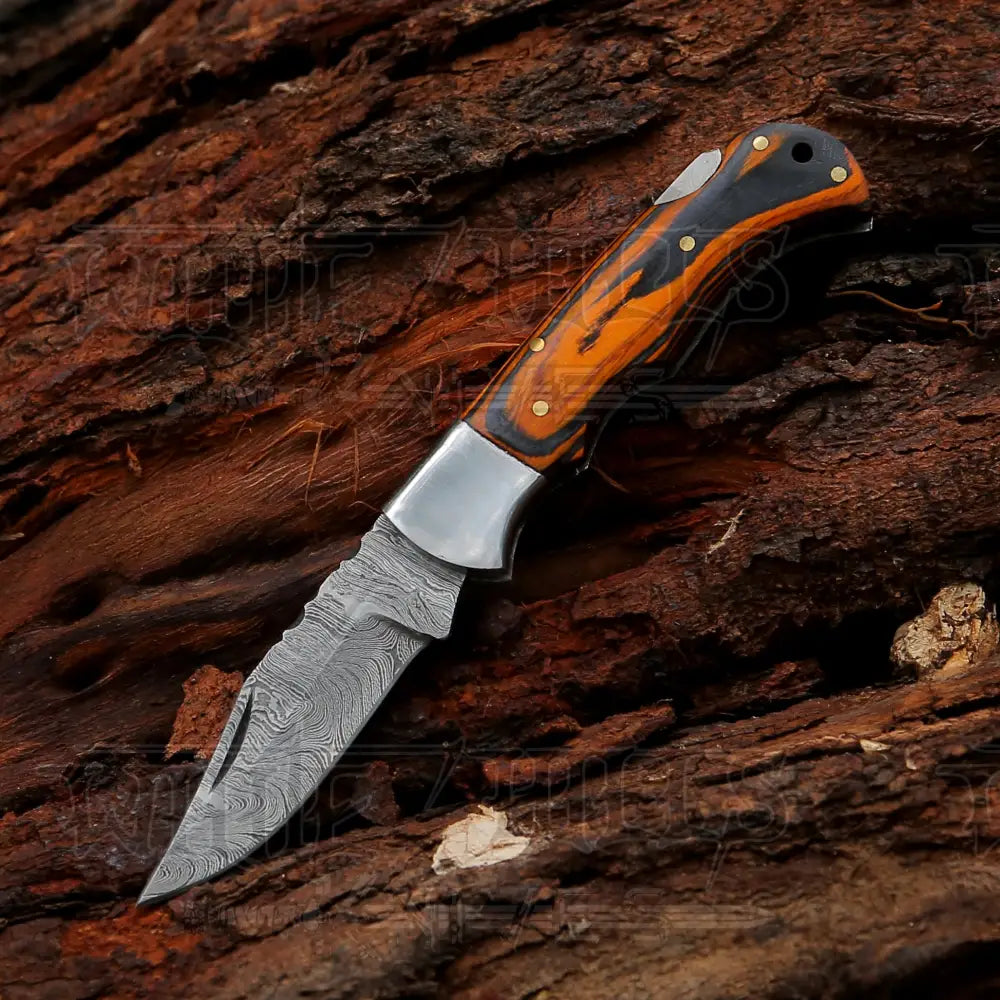 6.5" Handmade Damascus Pocket Knife - Folding Pocket Knife - Colored Wood Handle WH 5042