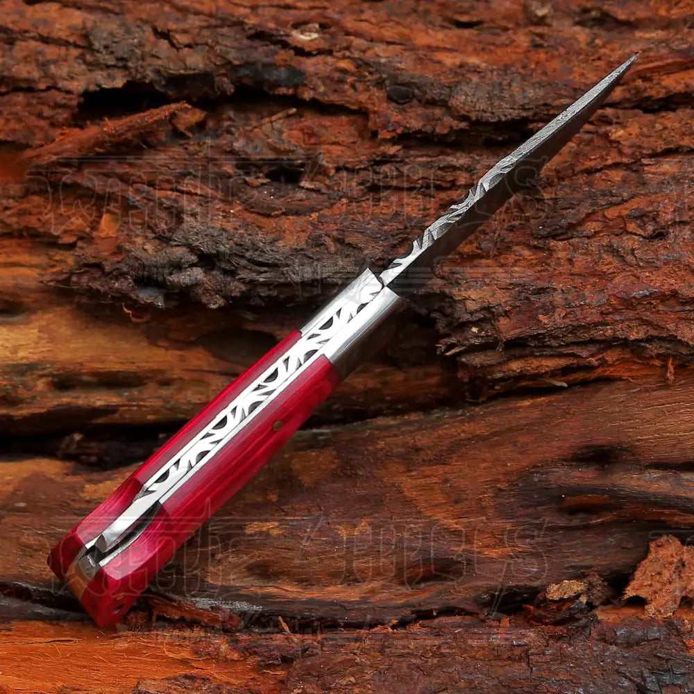 6.5" Handmade Damascus Pocket Knife - Folding Pocket Knife - Red Wood Handle WH 5040