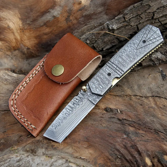 7" Handmade Damascus Steel Pocket Knife - Tanto Style Blade Folding Knife WH 5025