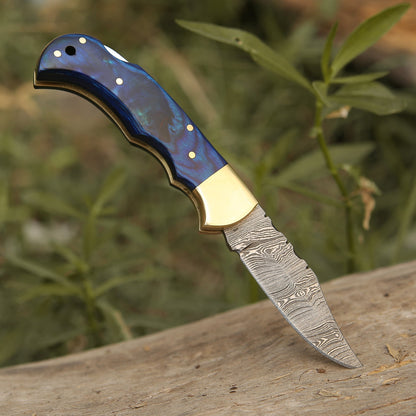 Custom Hand Forged Damascus Steel Folding Knife Stained Wood Handle WH 1255