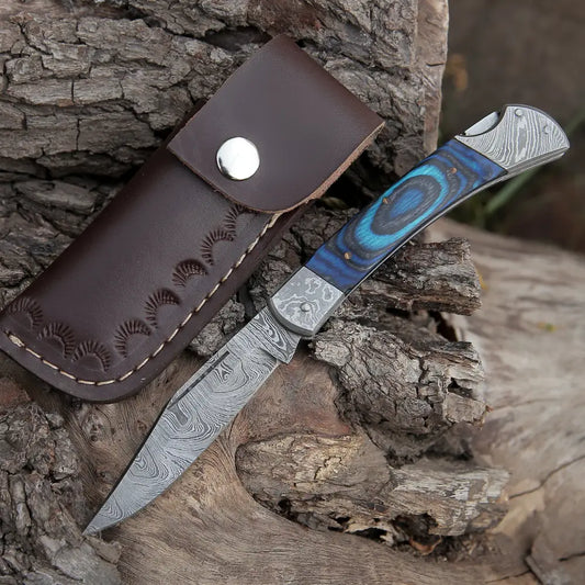 Back Lock 9" Handmade Damascus Steel Pocket Knife Pakka Wood Handle Folding Knife WH 5010