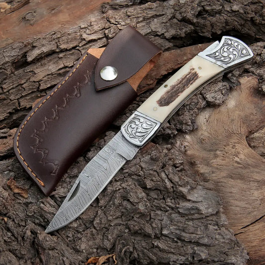 Back Lock 9" Handmade Damascus Steel Pocket Knife Stag Antler Handle Engraved clips Folding Knife