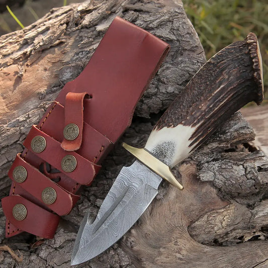 EDC Handmade Forged Damascus Steel Hunting Deer Hook Knife Crown Stag Handle WH 4417