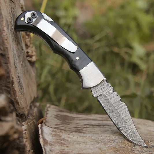 Handmade Damascus Folding Knife with Pocket Clip - 6.5'' Back Lock Folding Knife Bull Horn Handle - Camping Knife