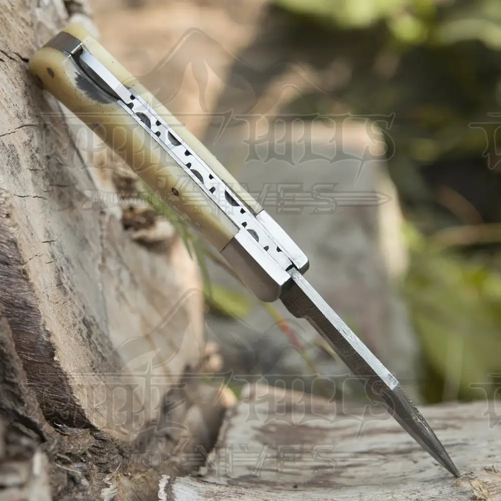 Handmade Damascus Pocket Knife - 6.5'' Back Lock Folding Knife Bone Handle - Camping Knife