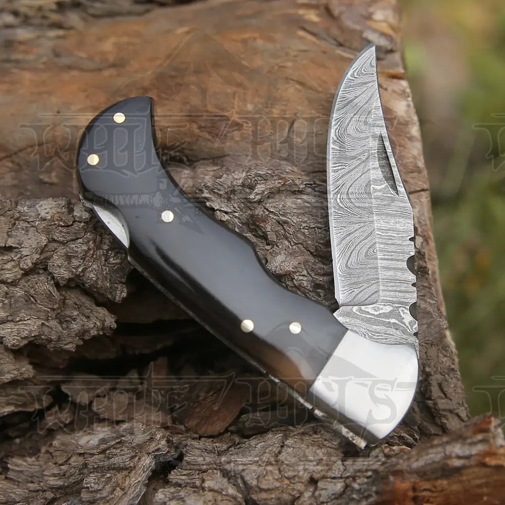Handmade Damascus Pocket Knife - 6.5'' Back Lock Folding Knife Bull Horn Handle - Camping Knife