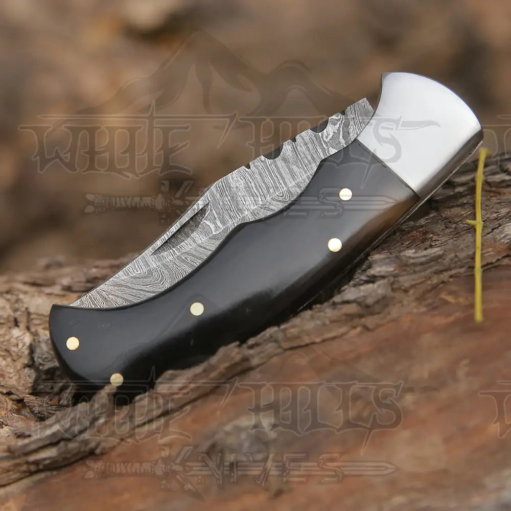 Handmade Damascus Pocket Knife - 6.5'' Back Lock Folding Knife Bull Horn Handle - Camping Knife