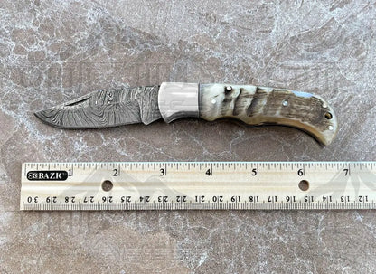 Handmade Damascus Pocket Knife - 6.5'' Back Lock Folding Knife Ram Horn Handle - Camping Knife