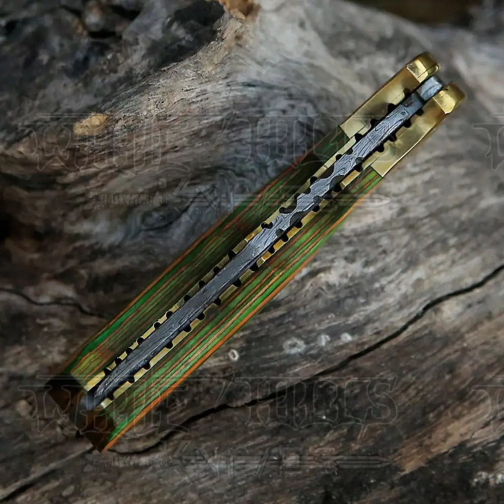 HANDMADE DAMASCUS STEEL POCKET KNIFE - Folding Knife- Stain Wood Handle With Engraved Brass Eagle Bolster WH 5044