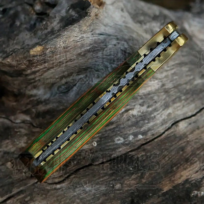 HANDMADE DAMASCUS STEEL POCKET KNIFE - Folding Knife- Stain Wood Handle With Engraved Brass Eagle Bolster WH 5044