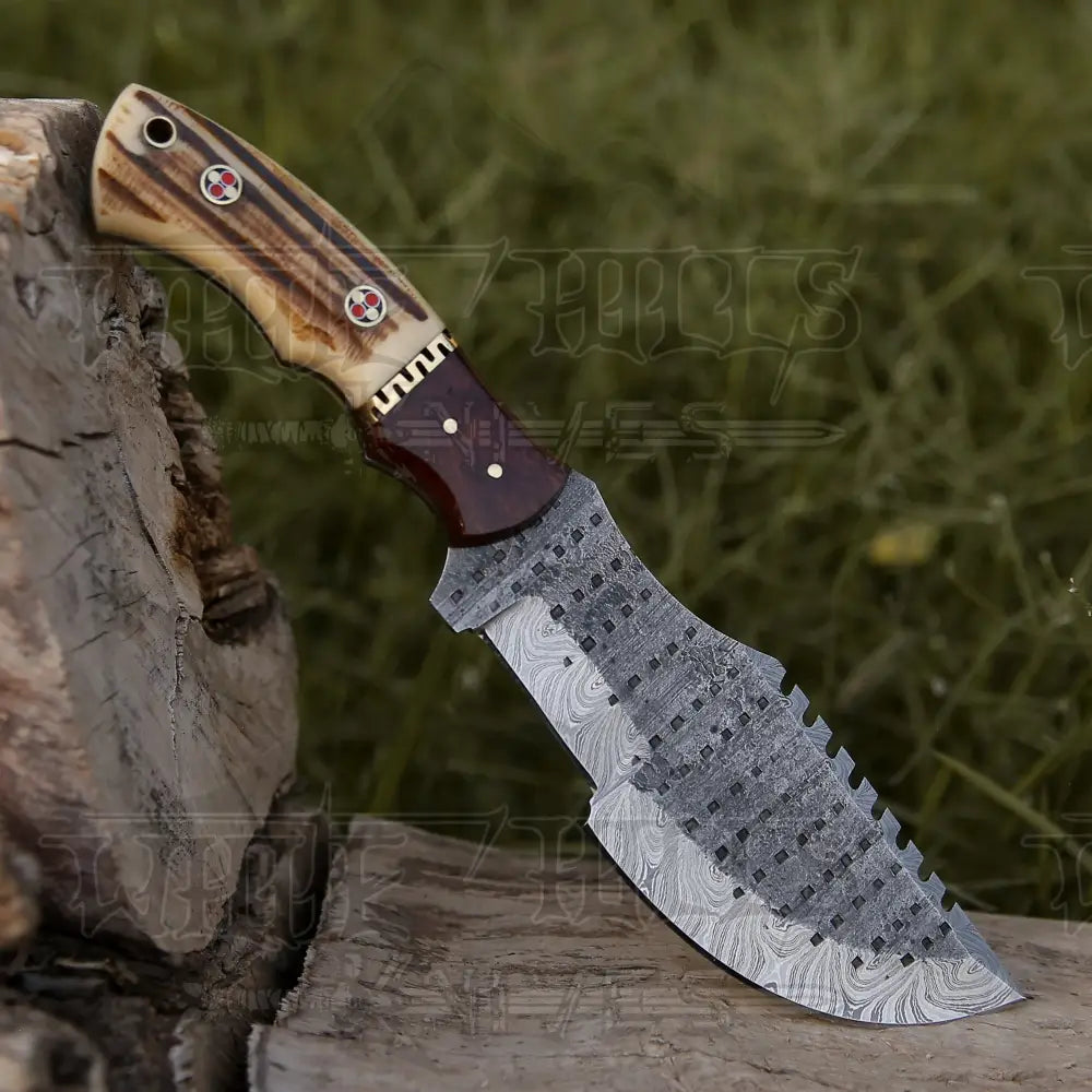 HANDMADE FORGED DAMASCUS BUSHCRAFT TRACKER KNIFE FULL TANG - Stag Antler & Wood Handle