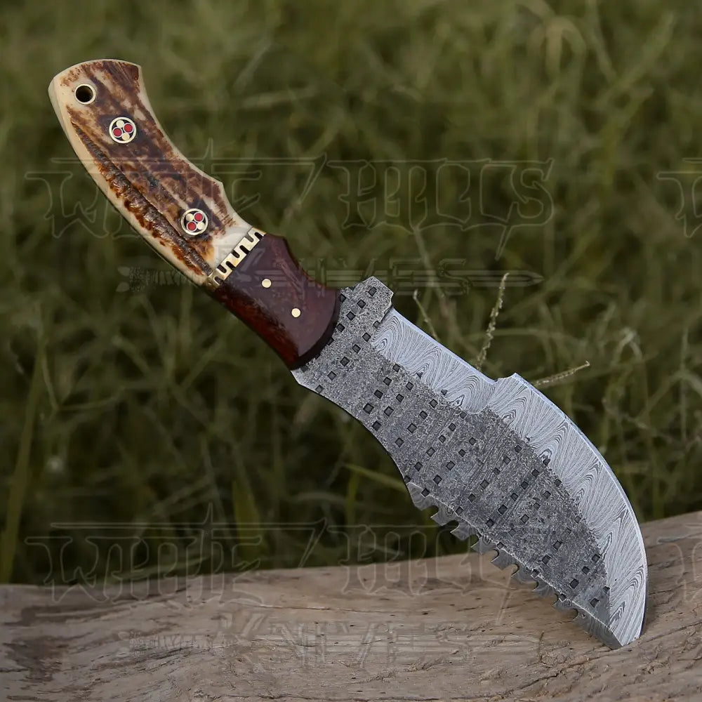 HANDMADE FORGED DAMASCUS BUSHCRAFT TRACKER KNIFE FULL TANG - Stag Antler & Wood Handle
