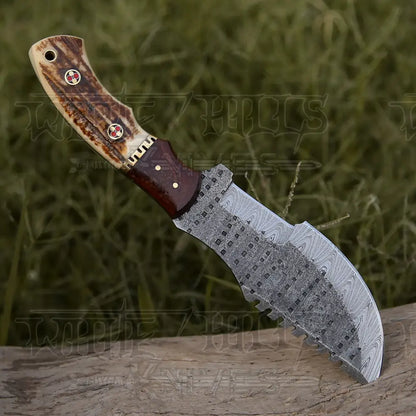 HANDMADE FORGED DAMASCUS BUSHCRAFT TRACKER KNIFE FULL TANG - Stag Antler & Wood Handle