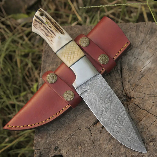 Handmade Forged Damascus Steel Hunting Skinner Knife EDC 9” -V3 With Stag Antler & Engraved Camel Bone Handle WH 4428