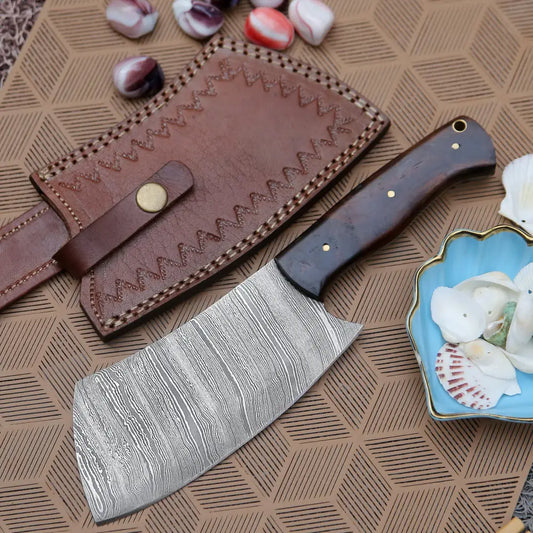 10" Handmade Damascus Cleaver Knife with Leather Sheath