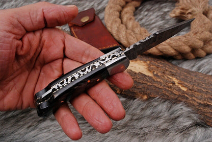 Customs Hand Made Forged Damascus Steel Folding Knife Steel Bolster Bull Horn Handle WH 2841