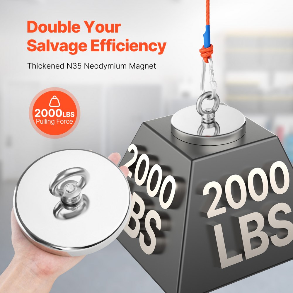 (Add-On Super Savings) 2000 LBS Strong Fishing Magnet Kit Double Sided Pull Force and Rope Carabiner