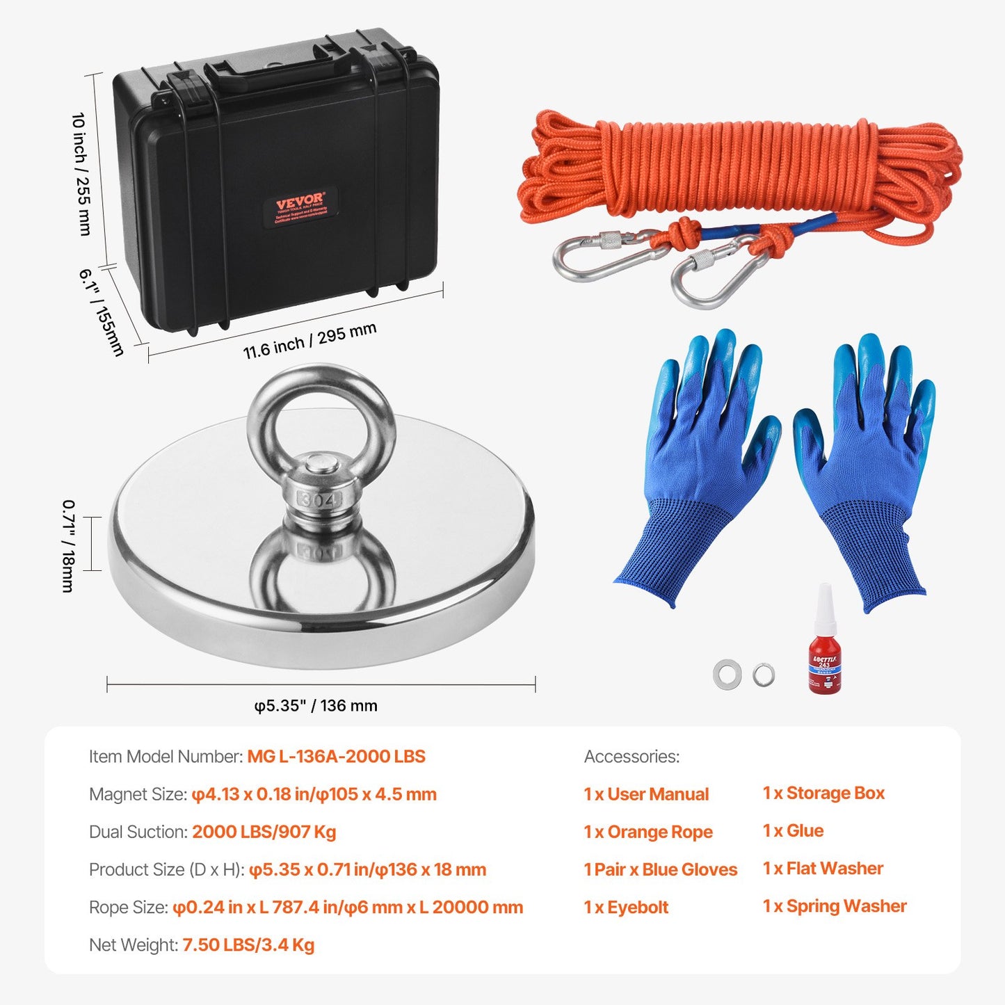(Add-On Super Savings) 2000 LBS Strong Fishing Magnet Kit Double Sided Pull Force and Rope Carabiner