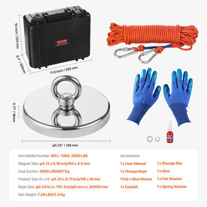 (Add-On Super Savings) 2000 LBS Strong Fishing Magnet Kit Double Sided Pull Force and Rope Carabiner