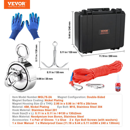 VEVOR Magnet Fishing Kit, 1200lbs 2.95inch Diameter Double Sided Fishing Magnets, Strong Neodymium Magnet with Heavy Duty 65FT Rope, Grappling Hook, Waterproof Case, Gloves, Threadlocker, Eye Bolt