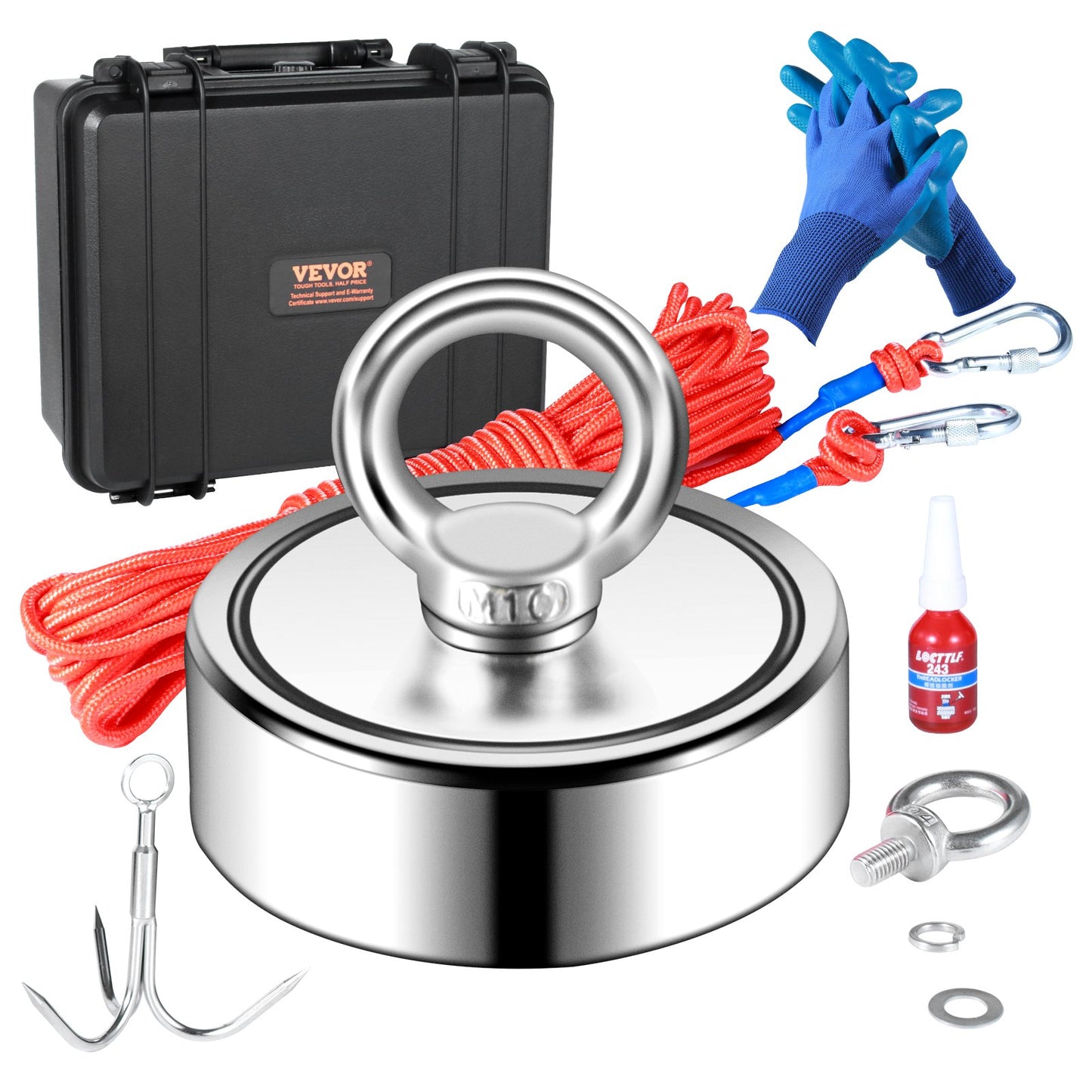 VEVOR Magnet Fishing Kit, 1200lbs 2.95inch Diameter Double Sided Fishing Magnets, Strong Neodymium Magnet with Heavy Duty 65FT Rope, Grappling Hook, Waterproof Case, Gloves, Threadlocker, Eye Bolt