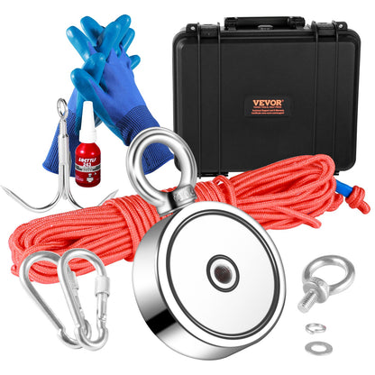 VEVOR Magnet Fishing Kit, 1200lbs 2.95inch Diameter Double Sided Fishing Magnets, Strong Neodymium Magnet with Heavy Duty 65FT Rope, Grappling Hook, Waterproof Case, Gloves, Threadlocker, Eye Bolt
