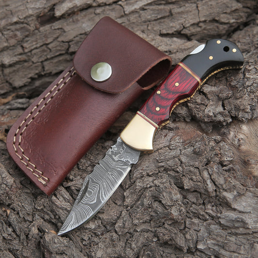 Custom Hand Made Damascus Steel Hunting Folding Knife With Brass Bolster & Bull Horn Wood Handle WH 3506